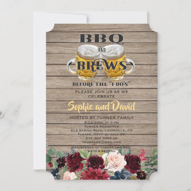 BBQ & BREWS before the "I DO'S" Wood Engagement Invitation (Front)