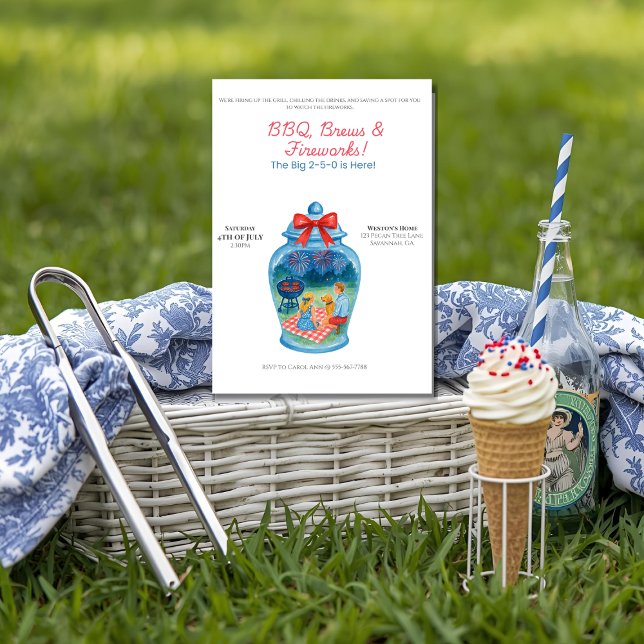 BBQ, Brews, Fireworks Ginger Jar 4th of July  Invitation (A soft, natural light front-view of a 5x7 blank "BBQ, Brews & Fireworks" invitation standing upright)
