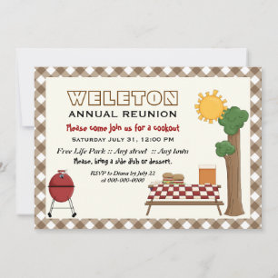 BBQ cookout family reunion, brown gingham border Invitation
