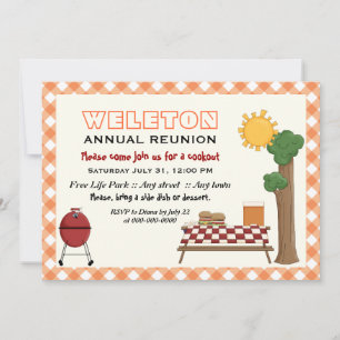 BBQ cookout family reunion, orange gingham border Invitation