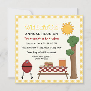 BBQ cookout family reunion, yellow gingham border Invitation