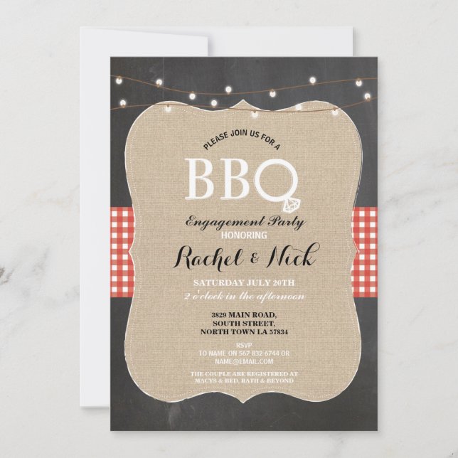 BBQ Engagement Party Red Check Chalk Invite (Front)