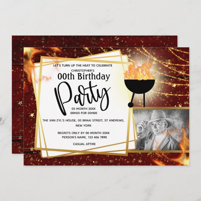 BBQ flames string lights photo ANY AGE birthday Invitation (Front/Back)
