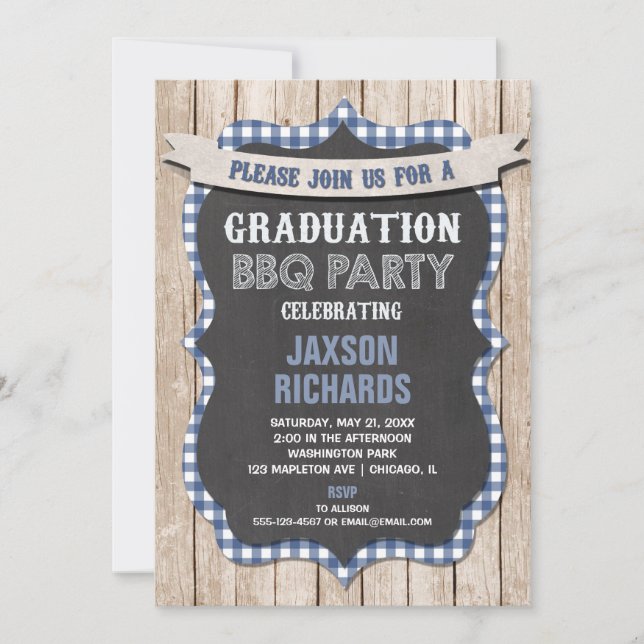 BBQ Graduation, blue picnic party graduation Invitation (Front)