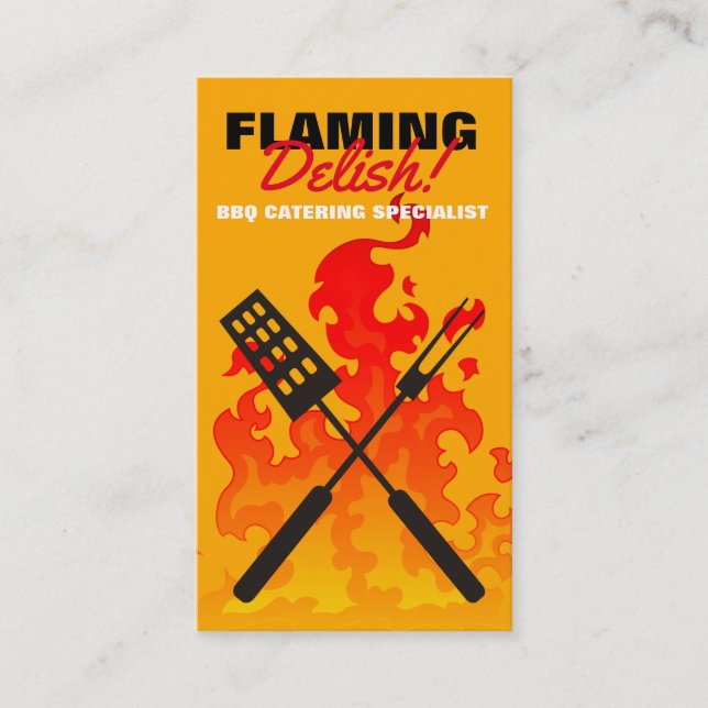 BBQ grilling tools utensils flames chef catering Business Card (Front)