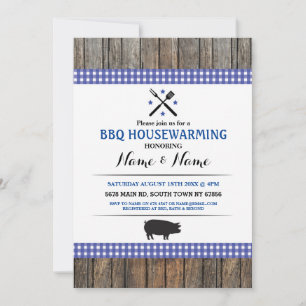 BBQ Housewarming Rustic Blue Hog Roast Wood Invite