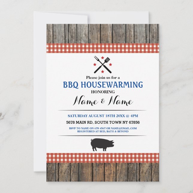 BBQ Housewarming Rustic Red Hog Roast Wood Invite (Front)