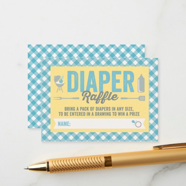BBQ Icons Blue Checks Diaper Raffle Ticket Card (Front/Back In Situ)
