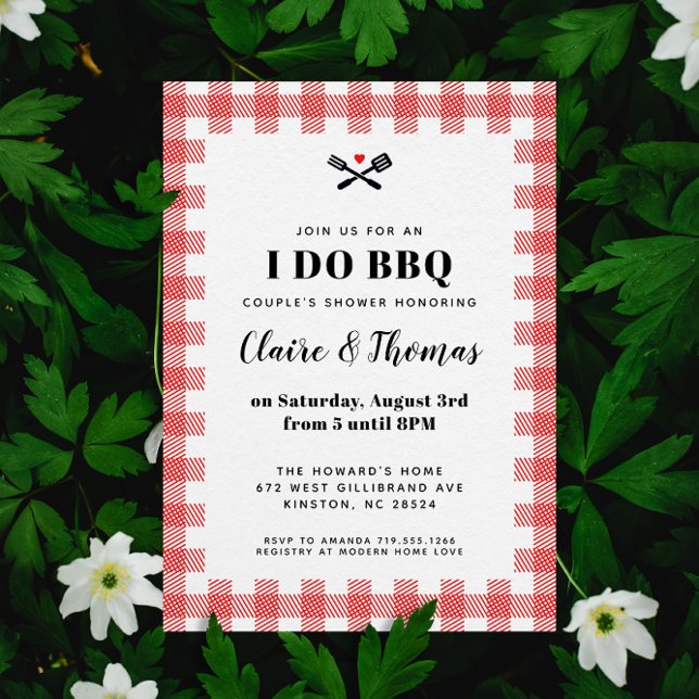 BBQ Invitation Red Picnic Plaid Cloth I (Red and white sweet country gingham plaid I Do BBQ wedding party invitation )