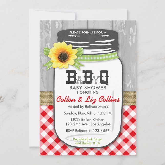 BBQ Mason Jar Baby Shower Invitation Red & Green (Front)