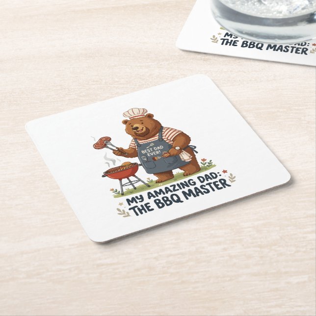 BBQ Master Bear Dad Design Square Paper Coaster (Angled)