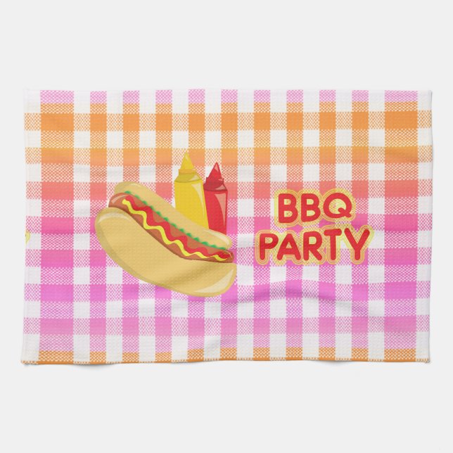 BBQ Party Hot Dog with Condiments Tea Towel (Horizontal)