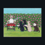 BBQ Party Labs in the Azalea Garden Postcard<br><div class="desc">Cute and funny Labrador Retriever BBQ Party Painting designs.  Painted by Naomi Ochiai from Japan.  Black Labrador,  Yellow Labrador,  Chocolate Labrador are all painted in the picture.   Cute and happy Labradors enjoy BBQ party in the Azalea garden.  Great fun gifts for Labrador lovers who like Azalea flowers.</div>