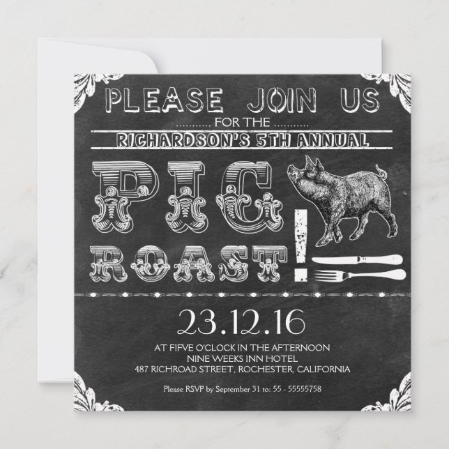BBQ PIG ROAST black chalkboard invitations (Front)