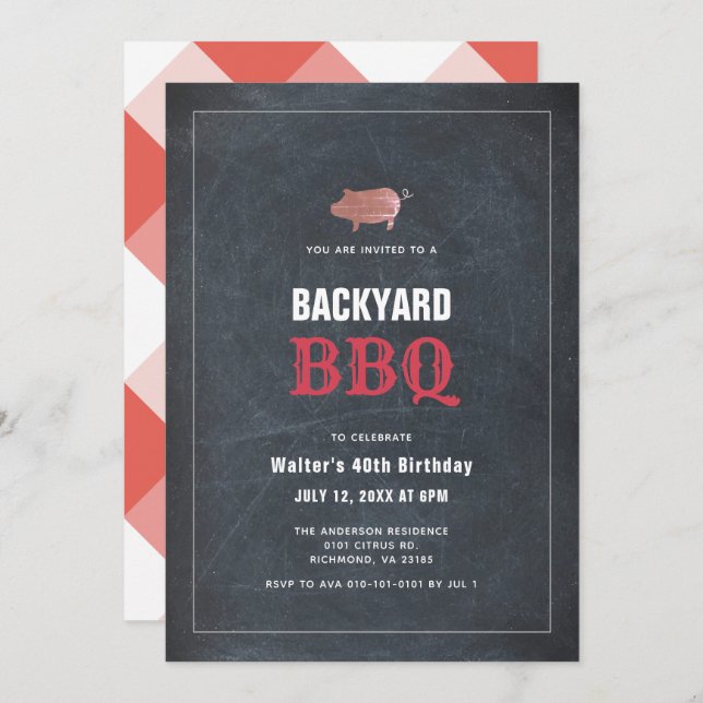 BBQ Pig Roast Chalkboard Red Adult Birthday Invitation (Front/Back)