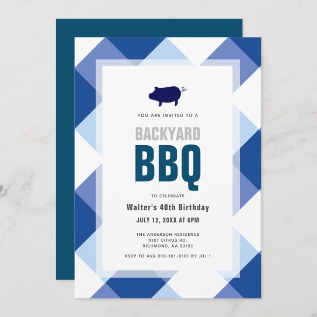 BBQ Pig Roast Navy Gingham Adult Birthday Invitation (Front/Back)