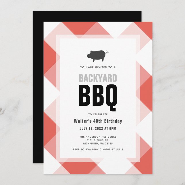BBQ Pig Roast Red Gingham Adult Birthday Invitation (Front/Back)