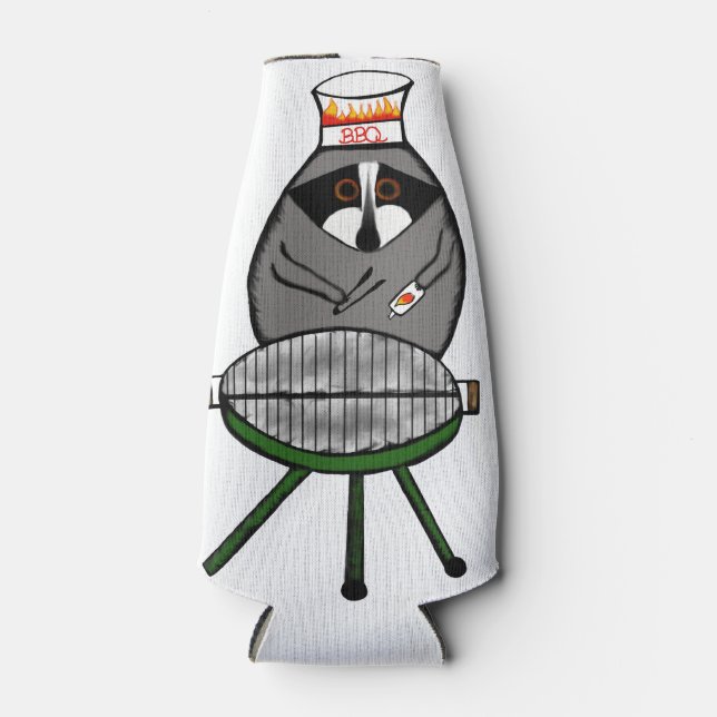 BBQ Racoon on Bottle Cozie Cooler (Front)