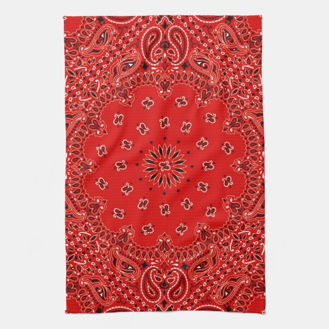 BBQ Red Paisley Western Bandanna Scarf Print Tea Towel (Vertical)