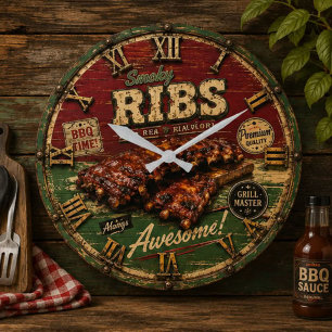 BBQ Ribs Smokehouse Barbecue Grill Master Gift Large Clock