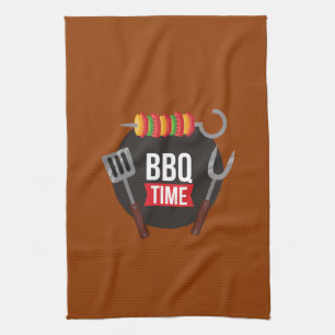 BBQ Time Modern trendy chic stylish cute brown Tea Towel