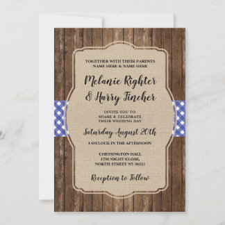 BBQ Wedding Invite Blue Gingham Chalk Burlap