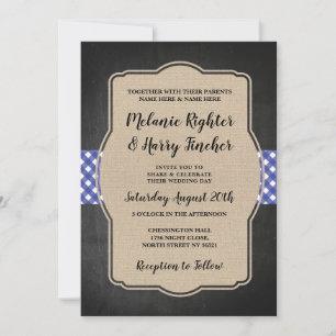 BBQ Wedding Invite Blue Gingham Chalk Burlap