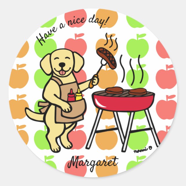 BBQ Yellow Labrador Chef Cartoon Classic Round Sticker (Front)