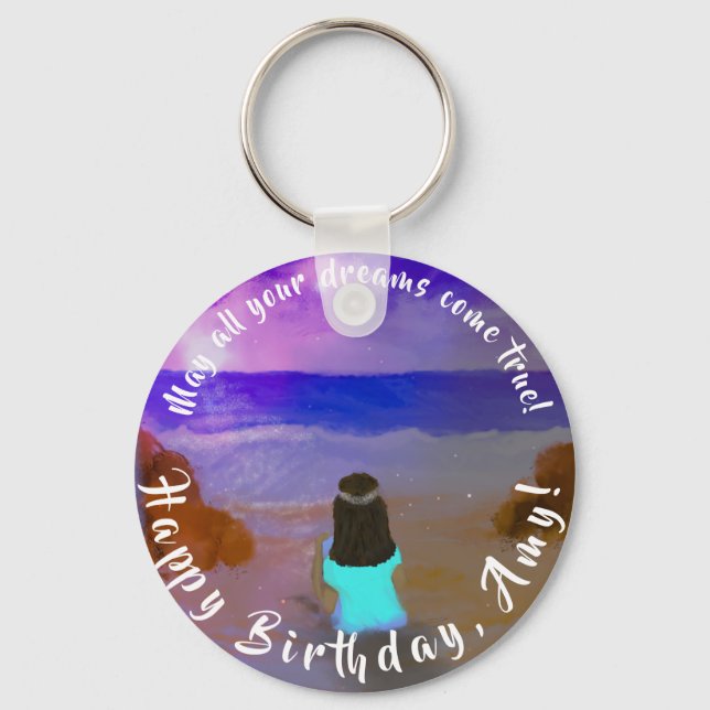 B'day Big Dreamer! Girls Beach Birthday Painting Key Ring (Front)