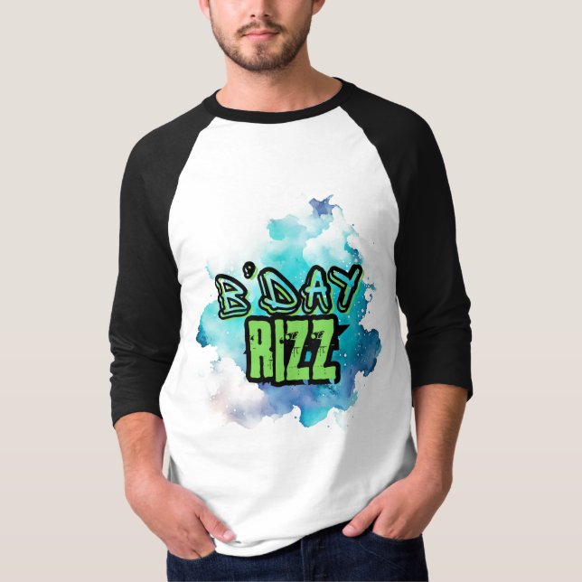 B'Day (Birthday) Rizz Green And Monochromatic Blue T-Shirt (Front)