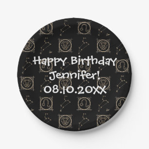 Bday Black & Gold Zodiac Leo Astrology Star Sign Paper Plate