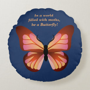 Be a Butterfly Pink Orange Black Graphic Round Cushion