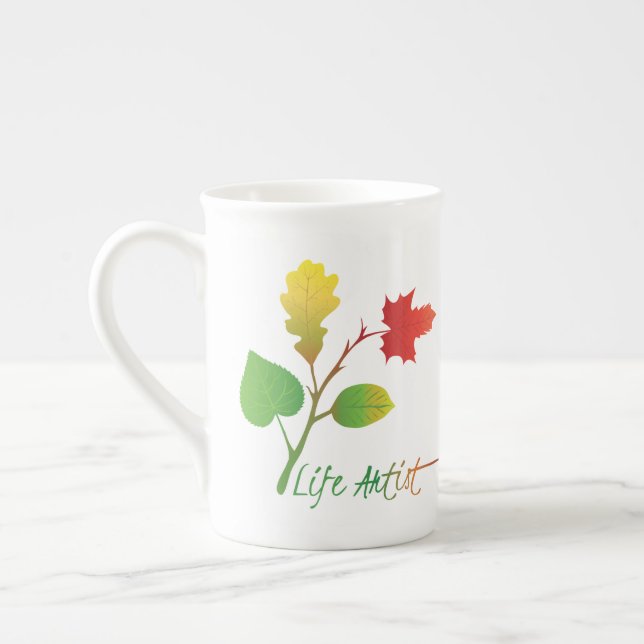 Be a Life Artist Inspirational Quote, with Leaves Bone China Mug (Left)