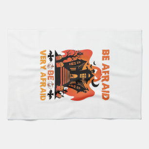 Be Afraid Very Halloween Haunted House Pumpkins_1 Tea Towel