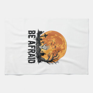 Be Afraid Vintage Halloween Graveyard Vector Desig Tea Towel