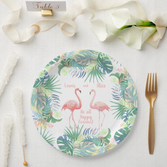Be all Happy Forever! Fairy Tale Two Pink Flamingo Paper Plate (Wedding)