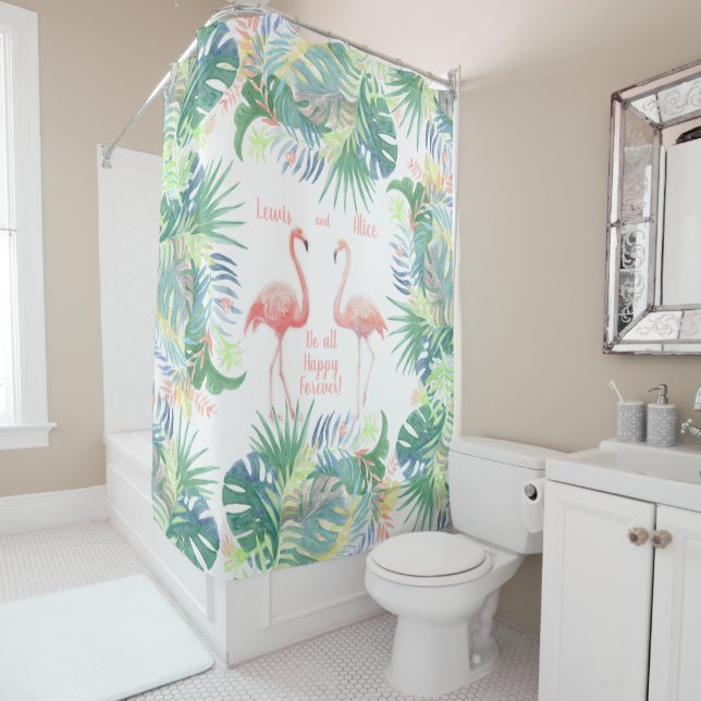 Be all Happy Forever! Fairy Tale Two Pink Flamingo Shower Curtain (In Situ)