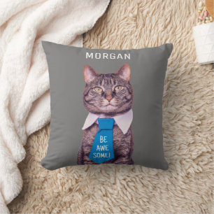 BE AWESOME! Cat Blue Tie Your Message & Name Grey Cushion