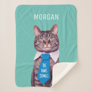 "BE AWESOME!" Cat in Blue Tie or Your Message/Name Sherpa Blanket