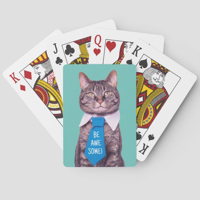 "BE AWESOME!" Cat in Blue Tie, Teal, Your Message Playing Cards (Back)