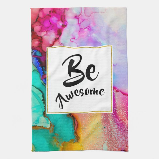 Be Awesome Pink and Turquoise Abstract Watercolor Tea Towel (Vertical)
