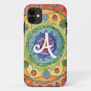 "Be Colorful" Rainbow Mandala with White Initial iPhone 11 Case