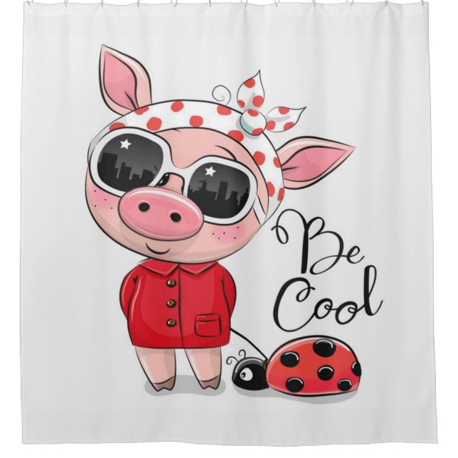 Be Cool Pig | Pig & Ladybug | Family Gift Shower Curtain (Front)