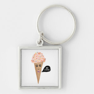 "BE COOL" Pink Ice Cream Cone with Sprinkles Funny Key Ring