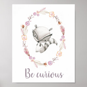 Be Curious Cute Baby Animal Boho Wreath Nursery Poster