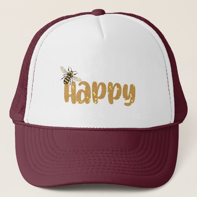 Be Cute Be Happy Nature Honey Bee Honeycomb Trucker Hat (Front)