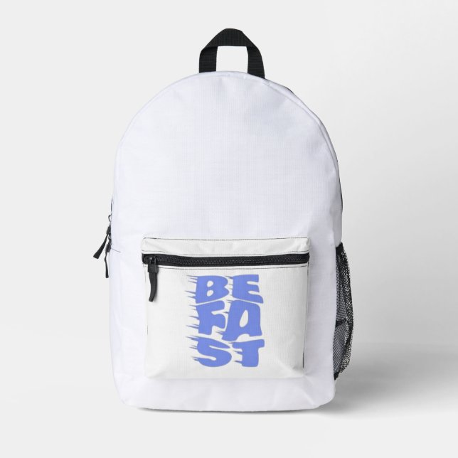 BE FAST - Dynamic Blue Typography White Backpack (Front)