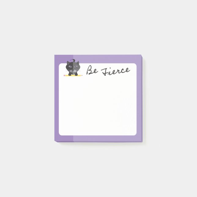 Be Fierce Chic Black Cat Art With Pencil On Purple Post-it Notes (Front)