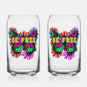 Be Free - Colourful Butterfly And Flowers Hippie Can Glass