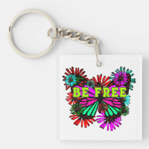 Be Free - Colourful Butterfly And Flowers Hippie Key Ring